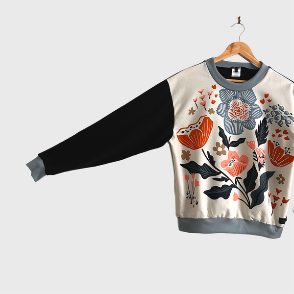 Long Sleeve top - Cream Flower Panel with Black French Terry (S)