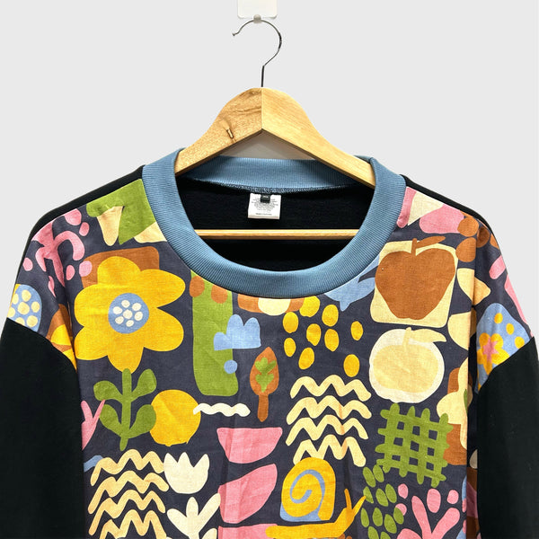 Long Sleeve top - Modern Meadow with Black French Terry (XL)