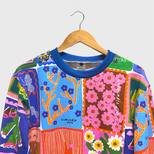 Long Sleeve top - DOOPS Succulent Love with Blue Ribbing