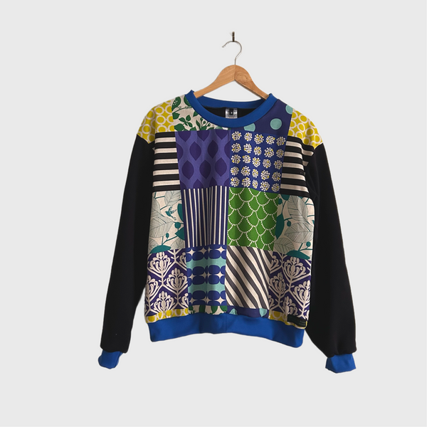 Long Sleeve top - kokka Blocks with Black French Terry (M)