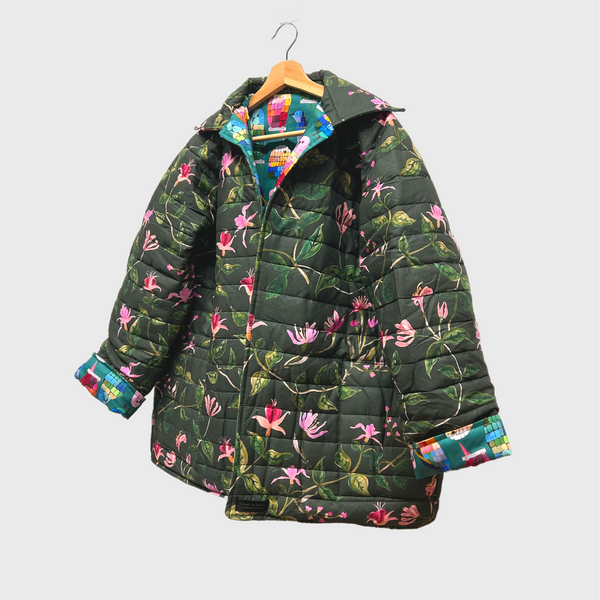 Reversible Quilted Jacket - Dark Green with Pink Flowers and All the Birds