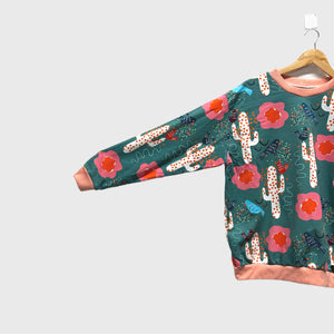 Sample Long Sleeve top - DOOPS Birdy Cacti with Apricot Ribbing (M)