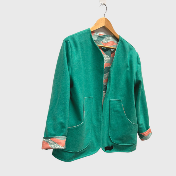Reversible Fitted Jacket - Green wool with Reimagined Landscapes (S)