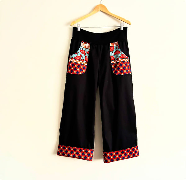 Wide Legged Pants - Black with kokka bands (XL)