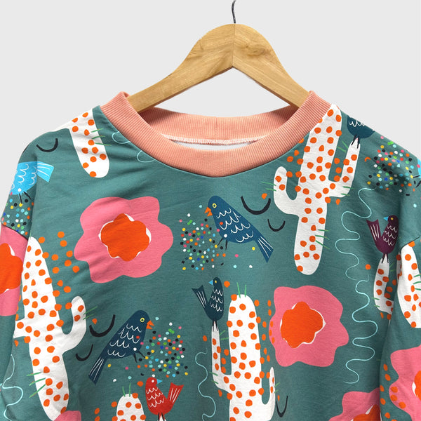 Sample Long Sleeve top - DOOPS Birdy Cacti with Apricot Ribbing (M)