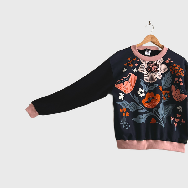Long Sleeve top - Navy Flower Panel with Black French Terry (S)