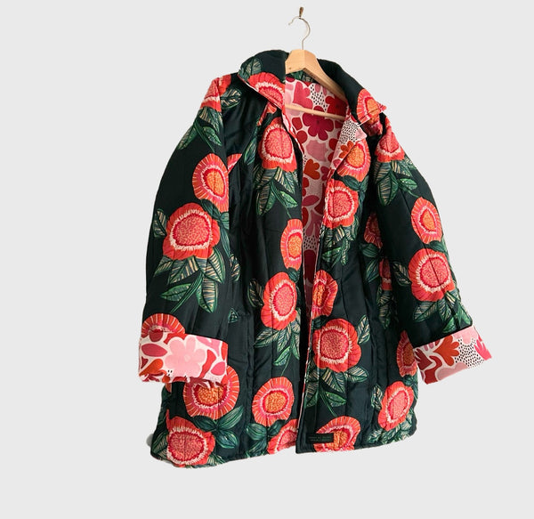 Reversible Quilted Jacket - Bold Red Flowers and Cream Daisy