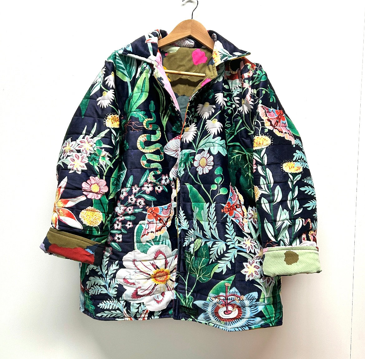 Reversible Quilted Jacket - Navy Velvet and Bold Flowers