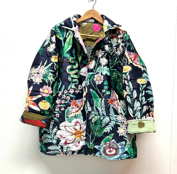 Reversible Quilted Jacket - Navy Velvet and Bold Flowers