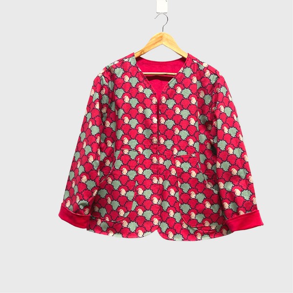 Reversible Fitted Jacket - Pink Corduroy with echino Birds (M)