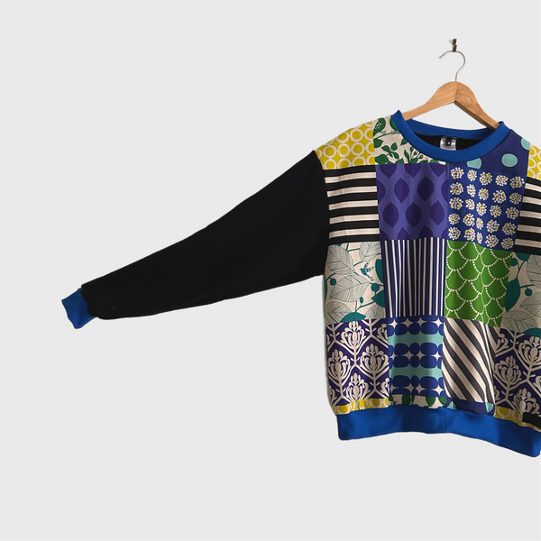Long Sleeve top - kokka Blocks with Black French Terry (M)