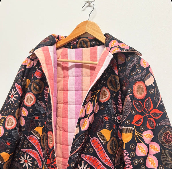 Reversible Quilted Jacket - Pink and purple Stripes and Native Seeds