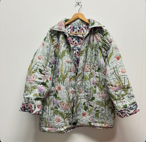 Reversible Quilted Jacket - Iris and Eucalyptus Ecru