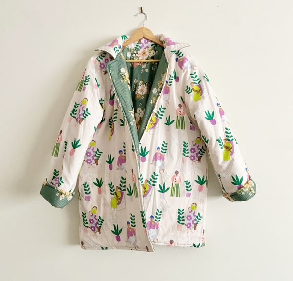 Reversible Quilted Jacket - Green Romance and Cat Lady