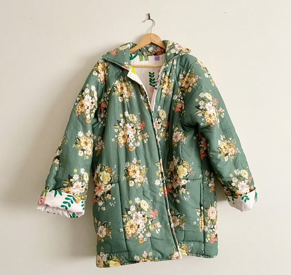 Reversible Quilted Jacket - Green Romance and Cat Lady