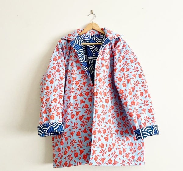 Reversible Quilted Jacket - Warlu and Red and Blue Flowers