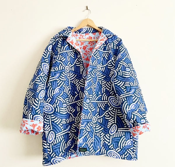 Reversible Quilted Jacket - Warlu and Red and Blue Flowers