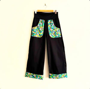 Wide Legged Pants - Black with green garden (multiple sizes)