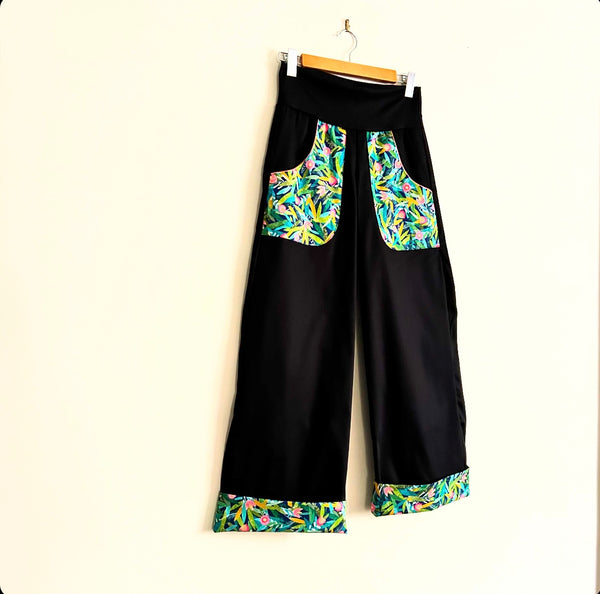 Wide Legged Pants - Black with green garden (multiple sizes)