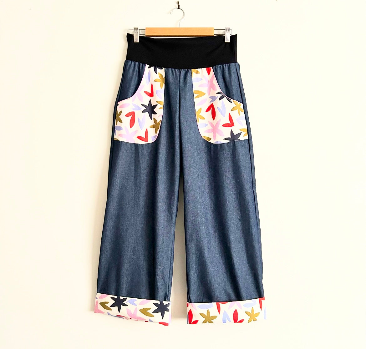 Wide Legged Pants - Denim with linen flowers (multiple sizes)