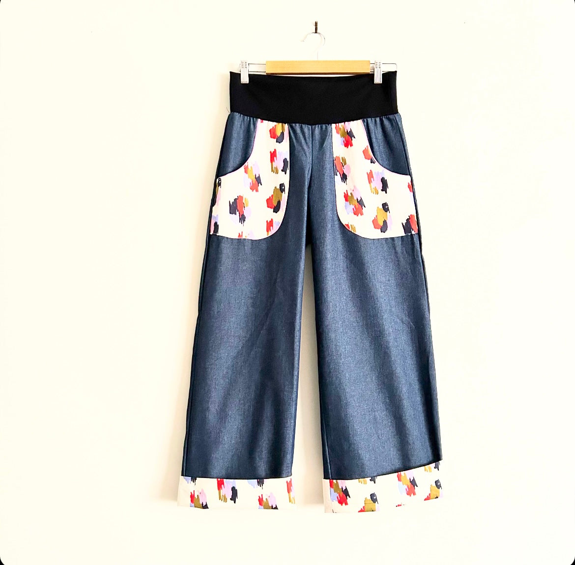 Wide Legged Pants - Denim with linen squiggles (multiple sizes)