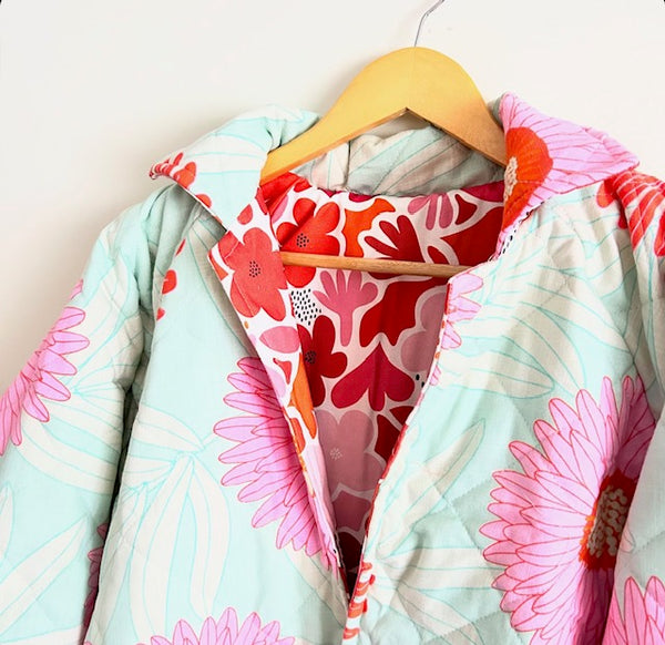 Reversible Quilted Jacket - Aqua Daisy and Red Flowers