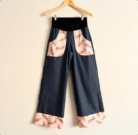 Wide Legged Pants - Denim with Pink Callista (multiple sizes)