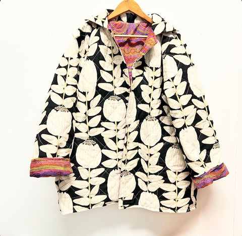 Reversible Quilted Jacket - Black Waratah and Indigenous Art