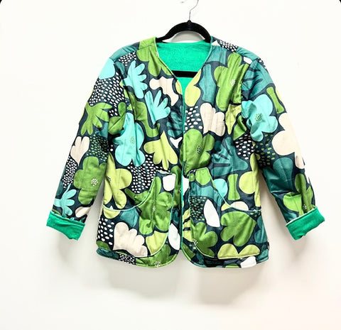 Reversible Fitted Jacket - Green corduroy with Scandi Flower quilting (S)