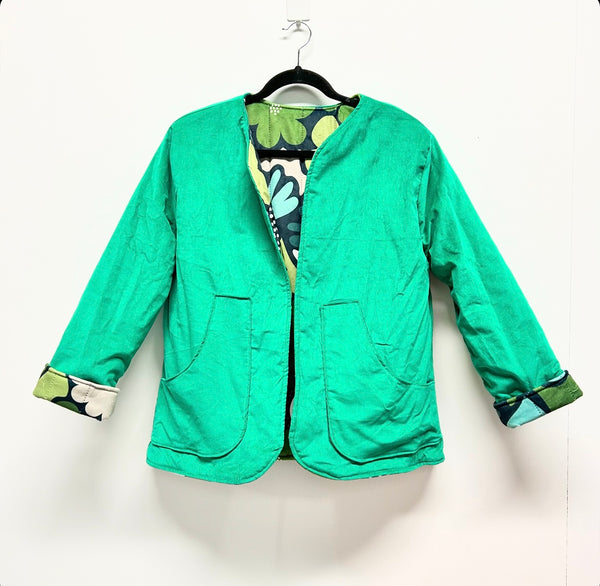 Reversible Fitted Jacket - Green corduroy with Scandi Flower quilting (S)