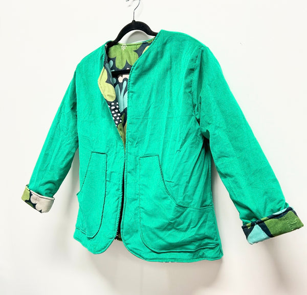 Reversible Fitted Jacket - Green corduroy with Scandi Flower quilting (S)