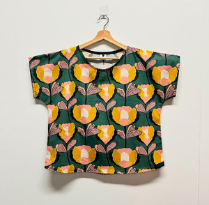 Short sleeve - Yellow Flowers on Bottle Green top  (L)