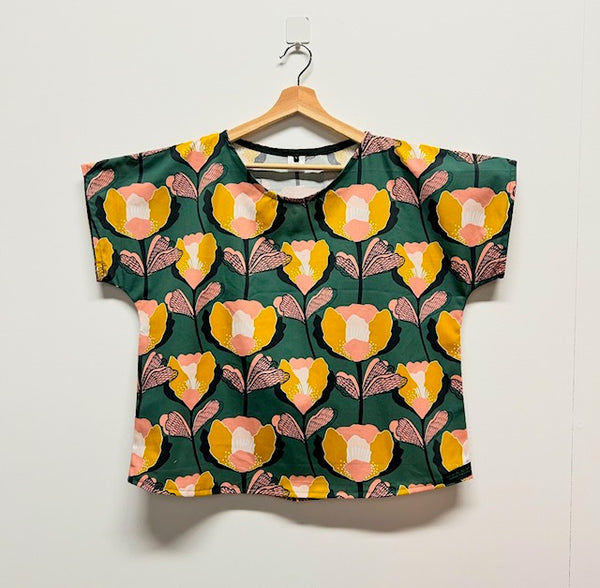 Short sleeve - Yellow Flowers on Bottle Green top  (L)