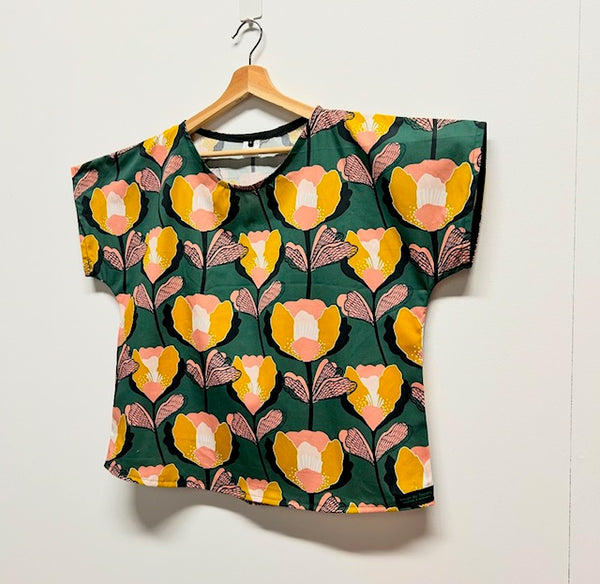 Short sleeve - Yellow Flowers on Bottle Green top  (L)