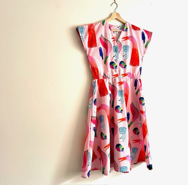 Jasmine Dress - DOOPS PInk Birds