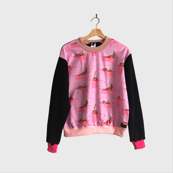 Long Sleeve top - Tula Pink Everglow in Pink with Black French Terry (S)