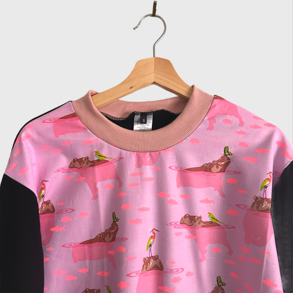 Long Sleeve top - Tula Pink Everglow in Pink with Black French Terry (S)