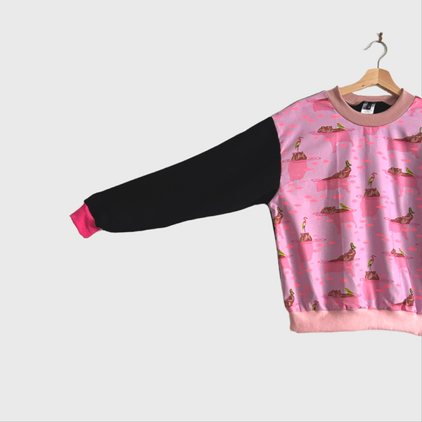 Long Sleeve top - Tula Pink Everglow in Pink with Black French Terry (S)