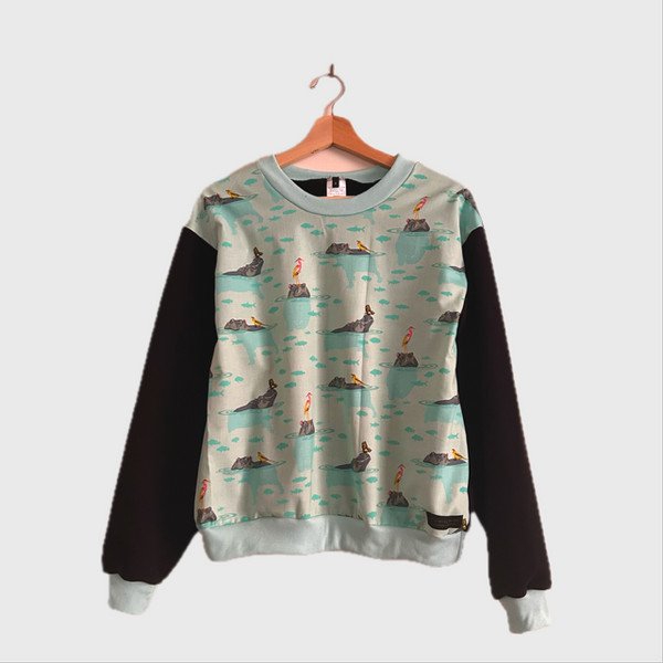 Long Sleeve top - Tula Pink Everglow in Aqua with Black French Terry (S)