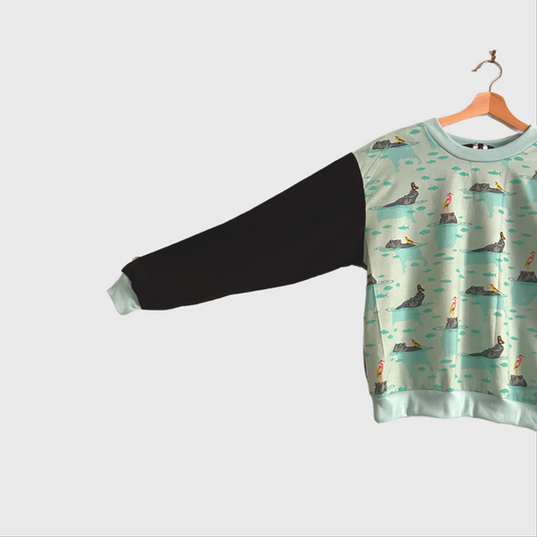 Long Sleeve top - Tula Pink Everglow in Aqua with Black French Terry (S)