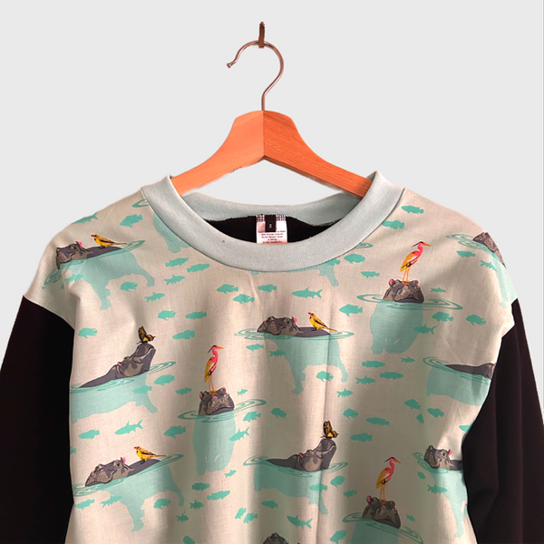 Long Sleeve top - Tula Pink Everglow in Aqua with Black French Terry (S)