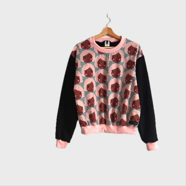 Long Sleeve top - Isa Form Faces with Black French Terry (M)