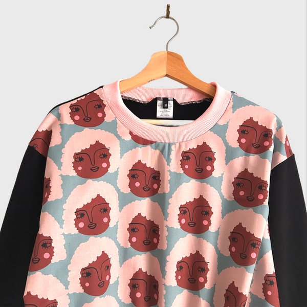 Long Sleeve top - Isa Form Faces with Black French Terry (M)