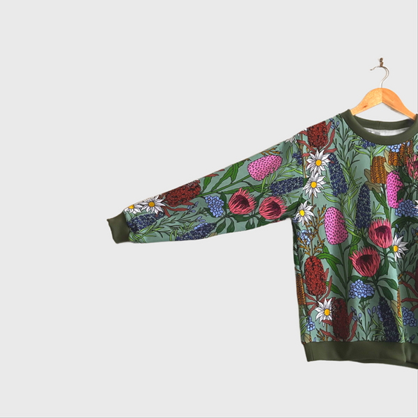 Long Sleeve top - DOOPS Willow Garden with Khaki Ribbing