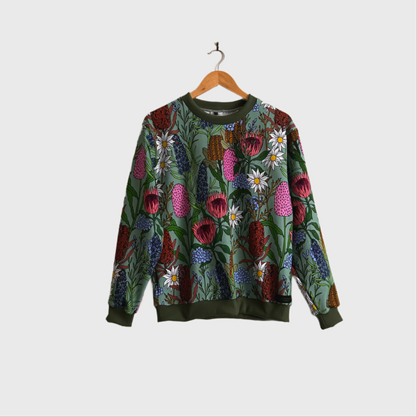 Long Sleeve top - DOOPS Willow Garden with Khaki Ribbing