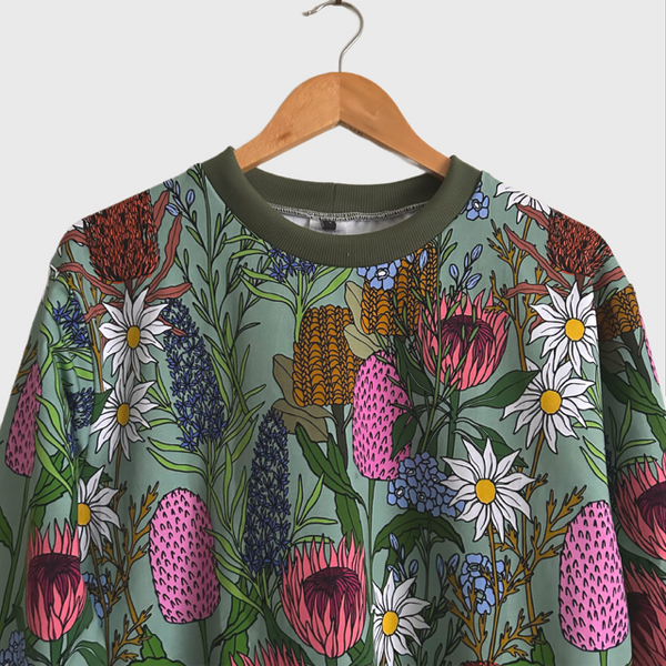 Long Sleeve top - DOOPS Willow Garden with Khaki Ribbing